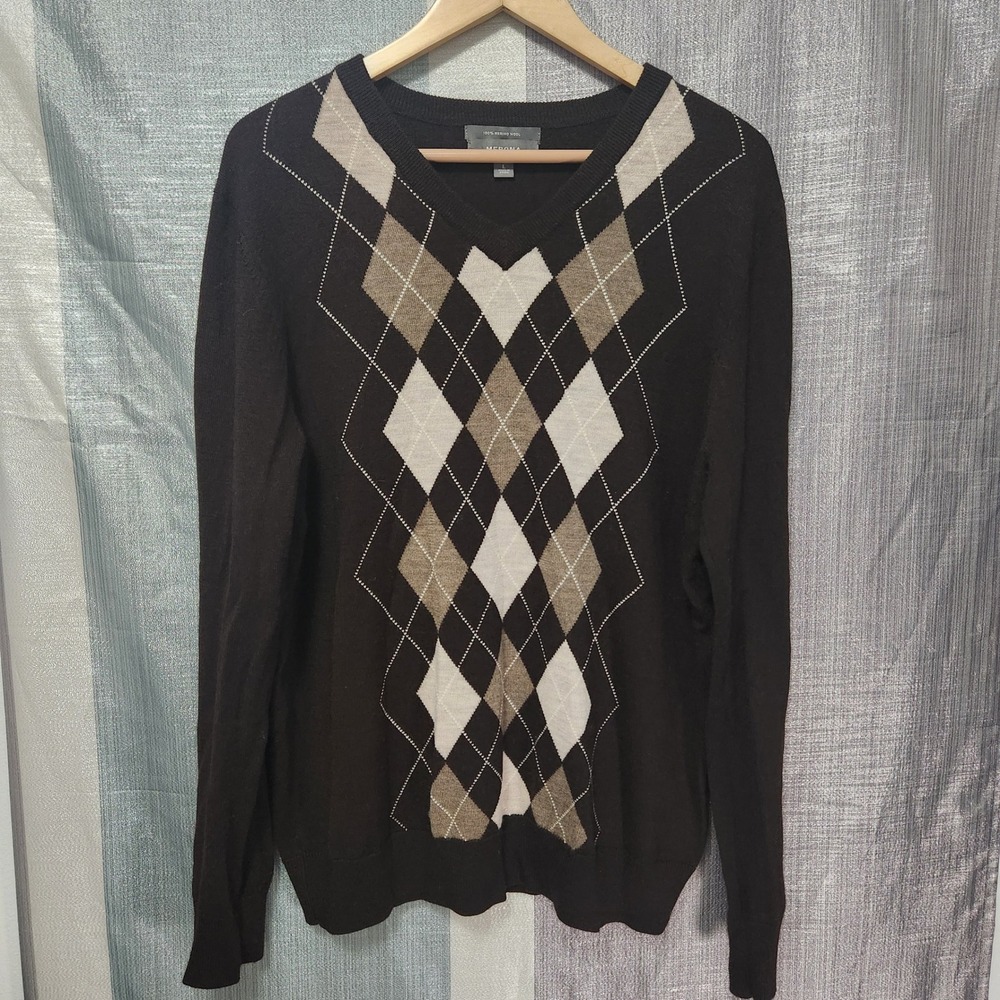 Merona Mens Argyle 100% Merino Wool Brown Pullover Sweater L Preppy Classic